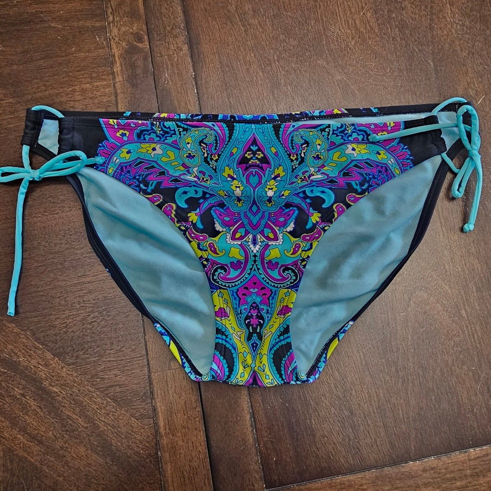 Athleta Bikini Bottom Size L Blue Paisley Side Tie Swim Beach Boho Festival Surf